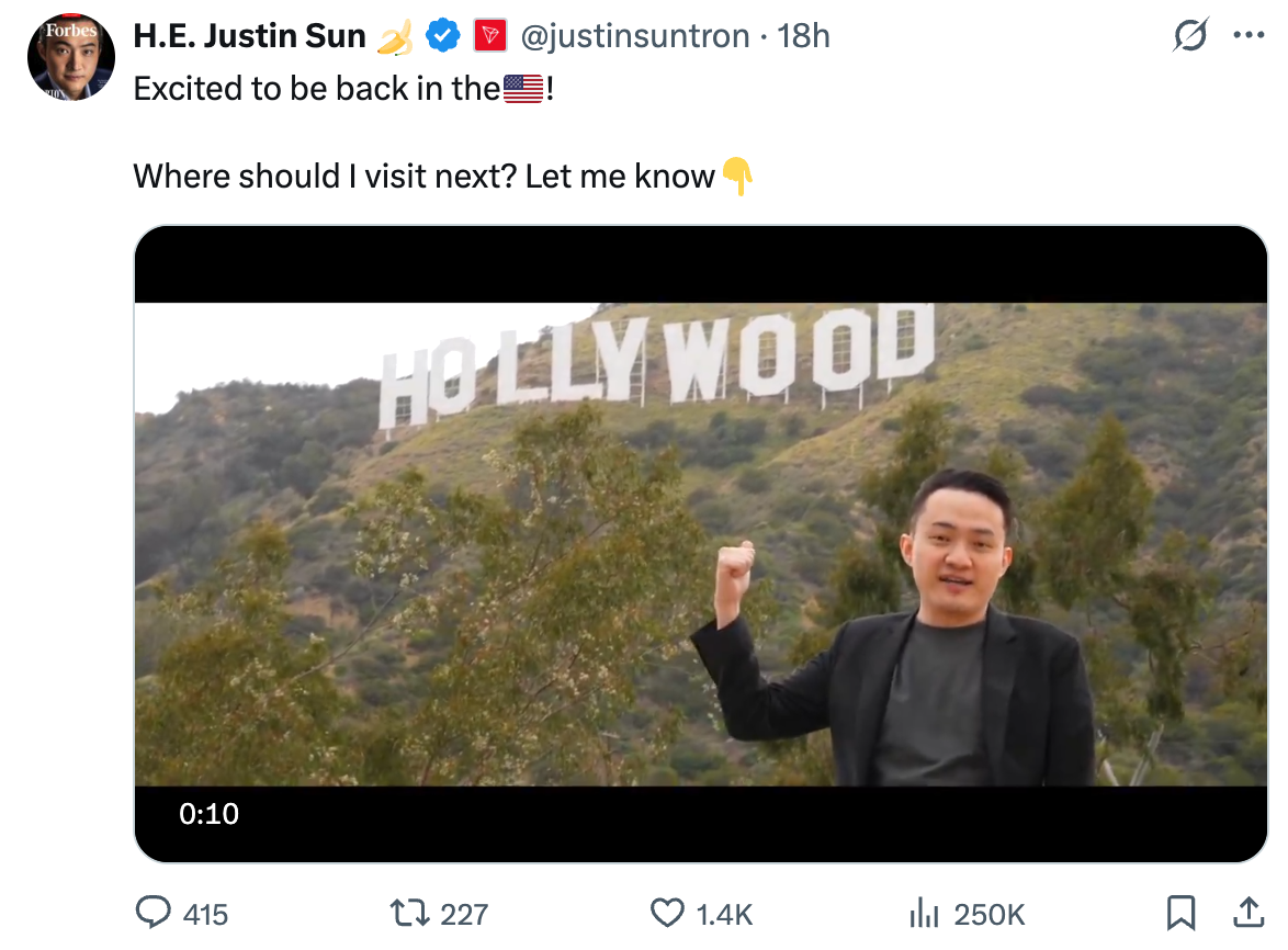 Tweet by Justin Sun: “Excited to be back in the🇺🇸!  Where should I visit next? Let me know👇”